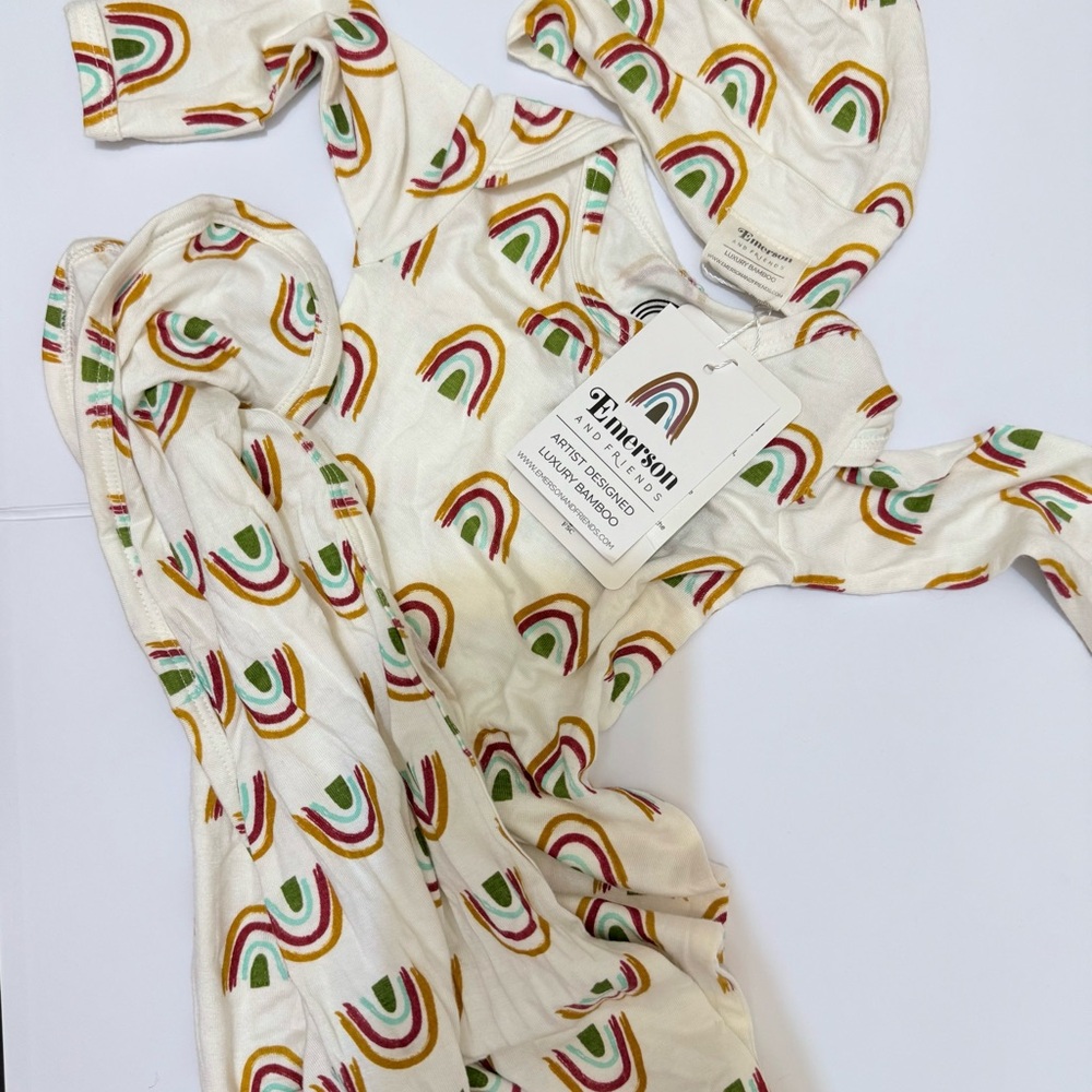 Emerson & Friends Knot tie rainbow baby gown + hat